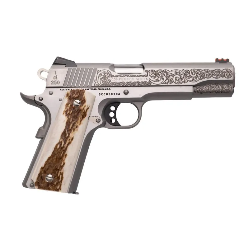 Just In - Colt Competition 1911 Competition Government Engraved with Stag Grips .45 ACP Bright Stainless Pistol